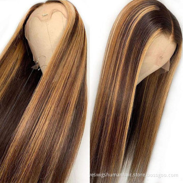 Wholesale Virgin Straight Human Hair Cuticle Aligned  Lace Front Wigs Piano Highlight Ombre Color Wig For Black Women Baby Hair